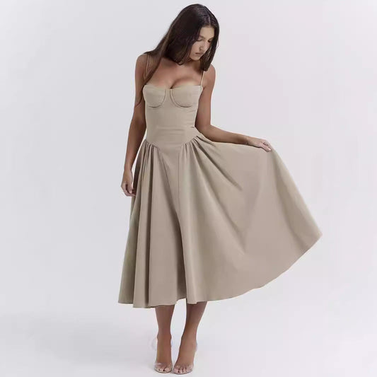 Dress for Women – Midi Length – Slim Top – Spaghetti Straps – Pleated Skirt