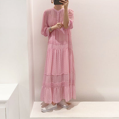 Maxi Dress for Women - Elegant Layered Design - Soft Pin Dot Pattern