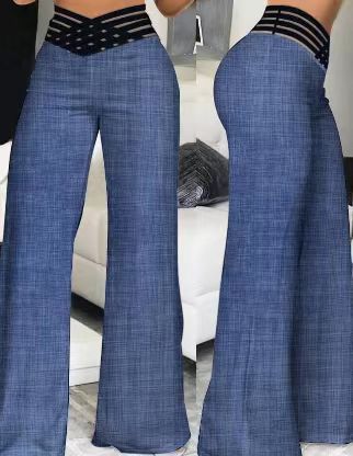 Women's Pants – High Waist – Wide Legs – Decorative Waistband – Full Length – Stretch Comfort