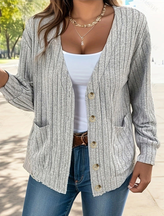 Women's Cardigan – Relaxed Fit – Ribbed Knit – Buttons – Hip Length – Pockets