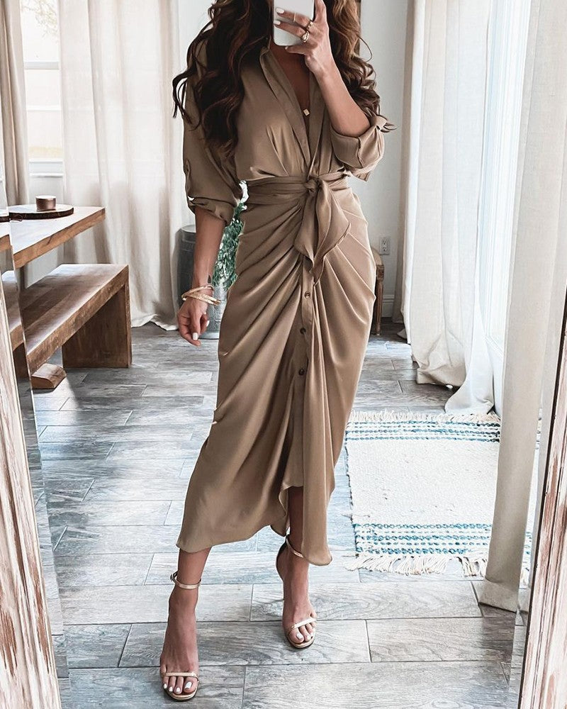 Women's Maxi Dress – V-Neck – Front Buttons – Tie Belt – Long Sleeves – Cotton Blend