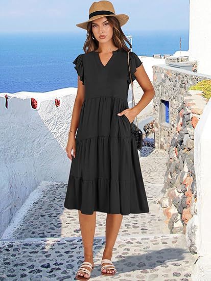 Women's Midi Dress – V-Neck – Short Sleeved with Ruffles – Loose Fit – Ruffled Skirt