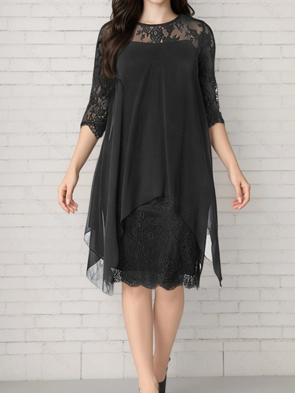 Dress woman – Chiffon – Layer-on-layer design – Lace sleeves – Midi length – Elegant fit