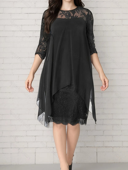 Dress woman – Chiffon – Layer-on-layer design – Lace sleeves – Midi length – Elegant fit