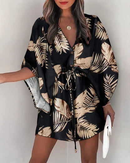 Dress woman – Mini dress with loose fit – V-neck – Lace waist – Ruffle sleeves
