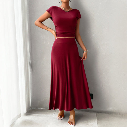 Dress Set Women – Slim Fit Crop Top – Ruched Detail – Long Flowing Skirt