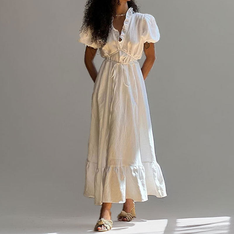 Dress for Women – Midi Length – V-Neck with Ruffles – Puff Sleeves – Waist Tie