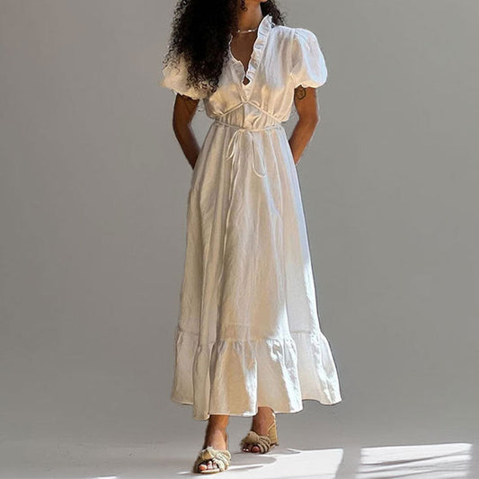 Dress for Women – Midi Length – V-Neck with Ruffles – Puff Sleeves – Waist Tie