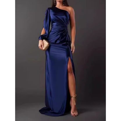 Dress for Women – Maxi Dress – Slim Fit – Satin – One Shoulder – High Slit – Draped Waist