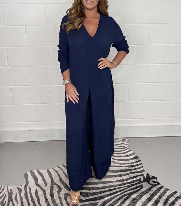 Women's Two-Piece Set – Wide Pants – Long Split Top – Loose Fit – Breathable Fabric