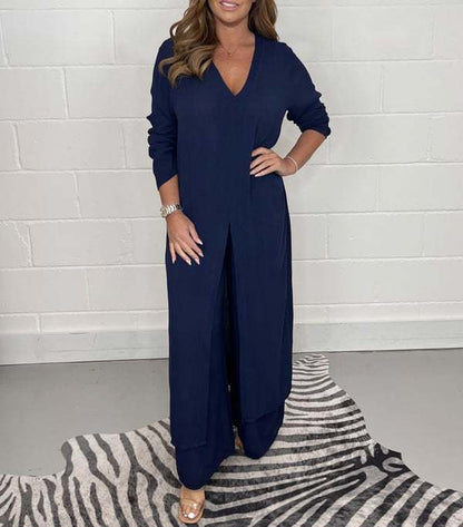 Women's Two-Piece Set – Wide Pants – Long Split Top – Loose Fit – Breathable Fabric