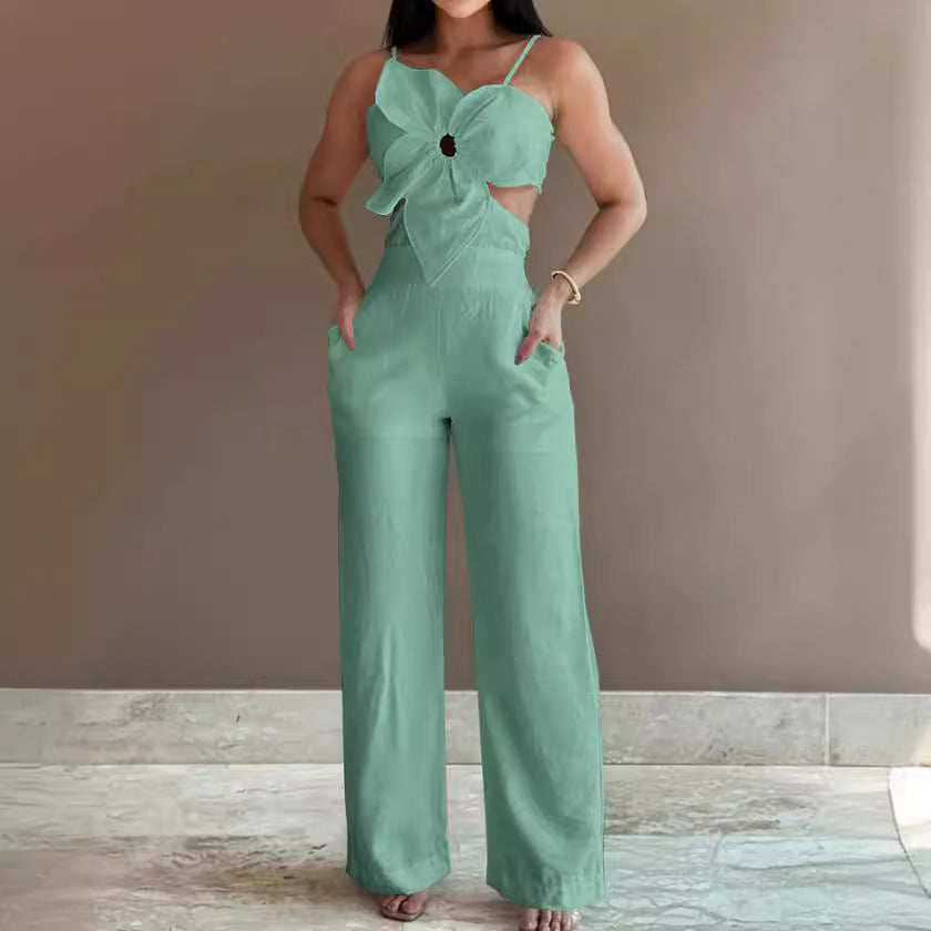 Women's Jumpsuit – Wide Leg – Spaghetti Straps – Bow Detail – Low Back