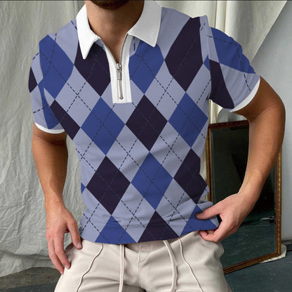 Men's Polo Shirt – Slim Fit – Check Pattern – Short Sleeve – Zipper Collar
