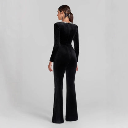 Women's Jumpsuit – Slim Fit – Velvet – Flared Legs – Embellished Neckline – Long Sleeves