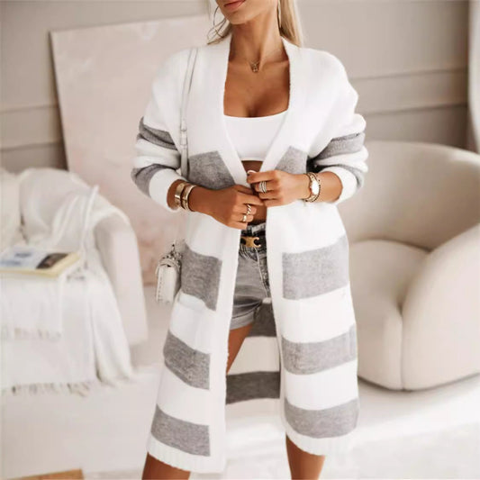 Women's Cardigan – Oversized Fit – Knitted Wool Blend – Open Front – Striped Pattern