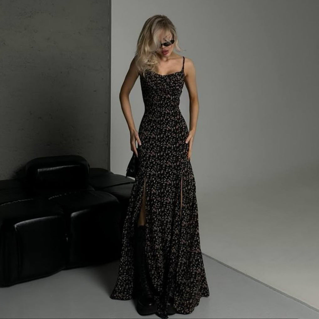 Dress for Women – Maxi Length – Slim Fit – Spaghetti Straps – Floral Print – High Slit – Defined Waist