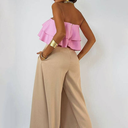 Women's Jumpsuit – Strapless – Ruffled Top – Wide Legs – Asymmetric Draping