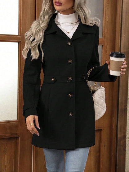 Women's Wool Coat – Slim Fit – Belted Waist – Notch Collar – Button Front