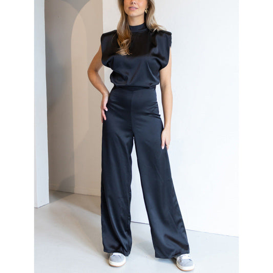 Women's Jumpsuit – Satin – Loose Fit – Sleeveless – Open Back – Wide Legs