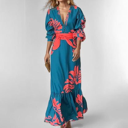 Maxi Dress Women – V-Neckline – Puff Sleeves – Belt at Waist – Draped Fit