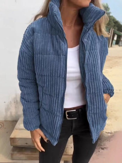 Women's Jacket – Corduroy – Relaxed Fit – Short Length – Stand Collar – Zipper