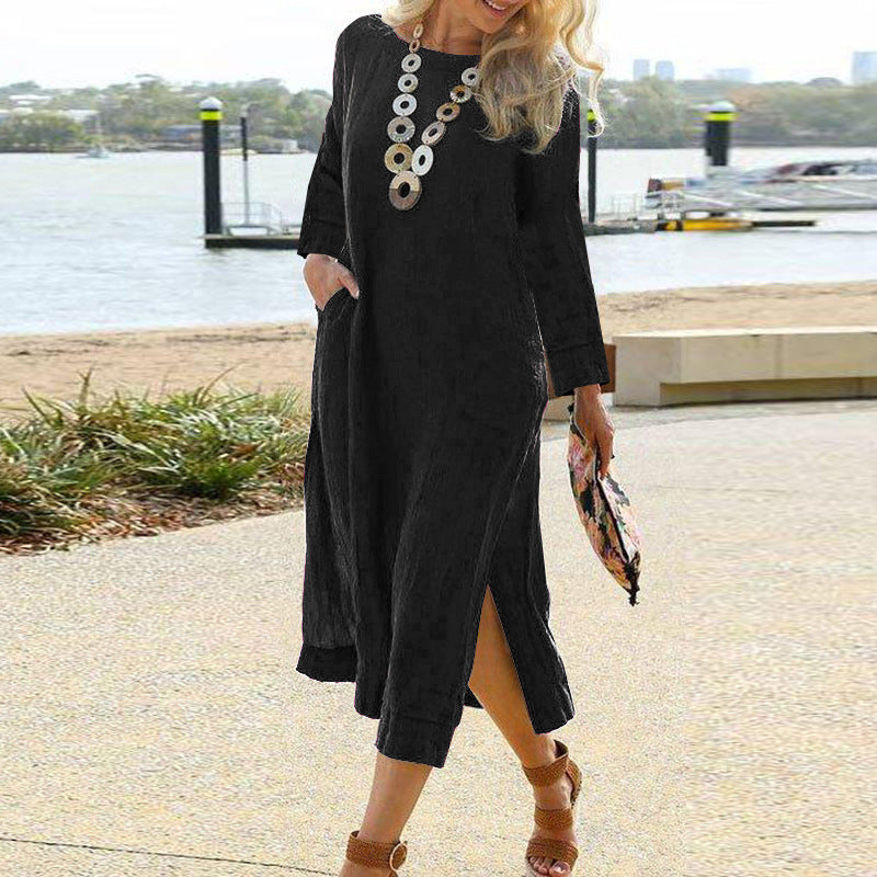 Women's Shirt Dress – Relaxed Fit – Lightweight Woven – Midi Length – Long Sleeves – Split