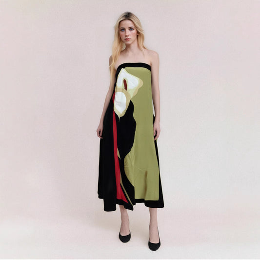 Women's Strapless Midi Dress – Light Fabric – Relaxed Fit – Abstract Pattern