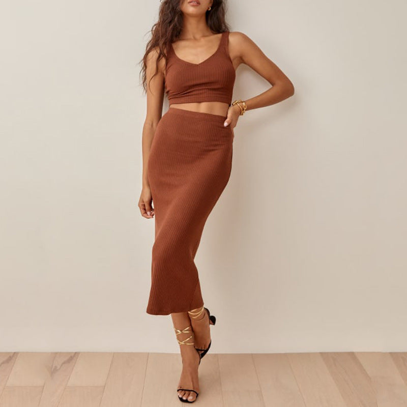 Women's Set – Ribbed Knit Crop Top and Midi Skirt – Slim Fit