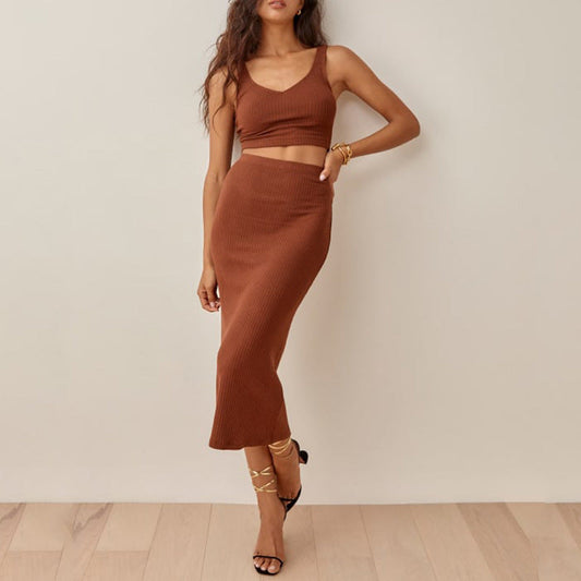 Women's Set – Ribbed Knit Crop Top and Midi Skirt – Slim Fit