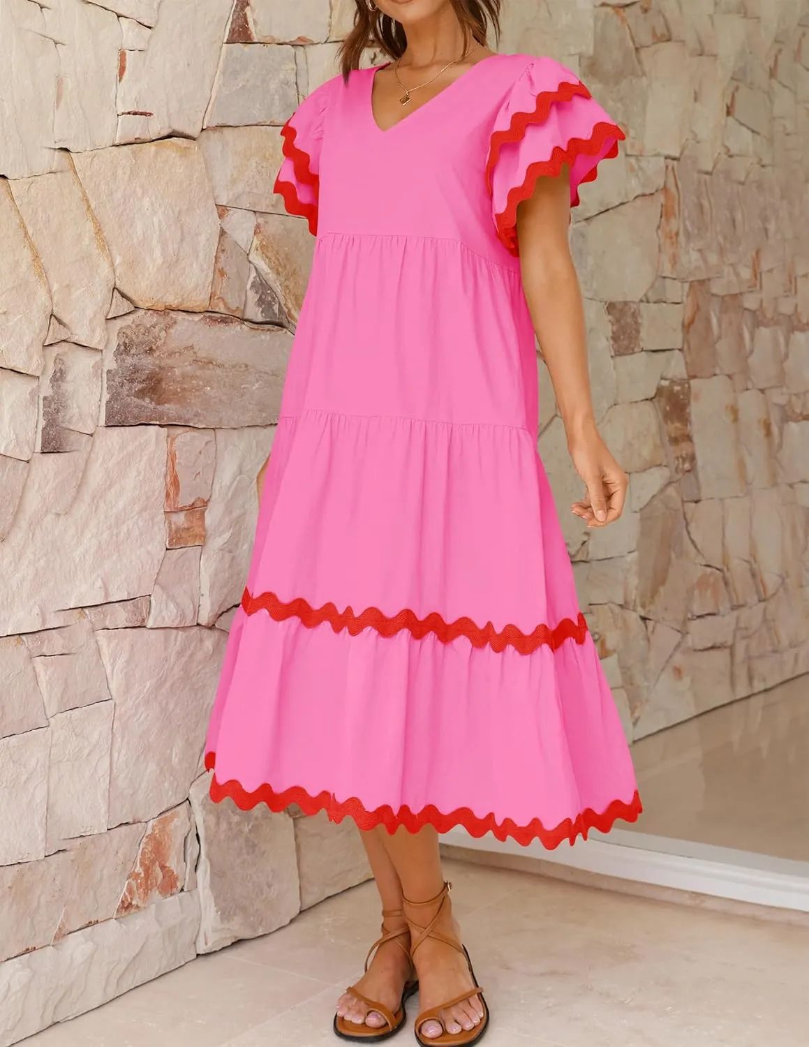 Women's midi dress – relaxed fit – v-neck – ruffle sleeves – breathable fabric