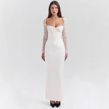 Dress for Women – Satin Bodycon Fit – Lace Sleeves – Heart Neckline