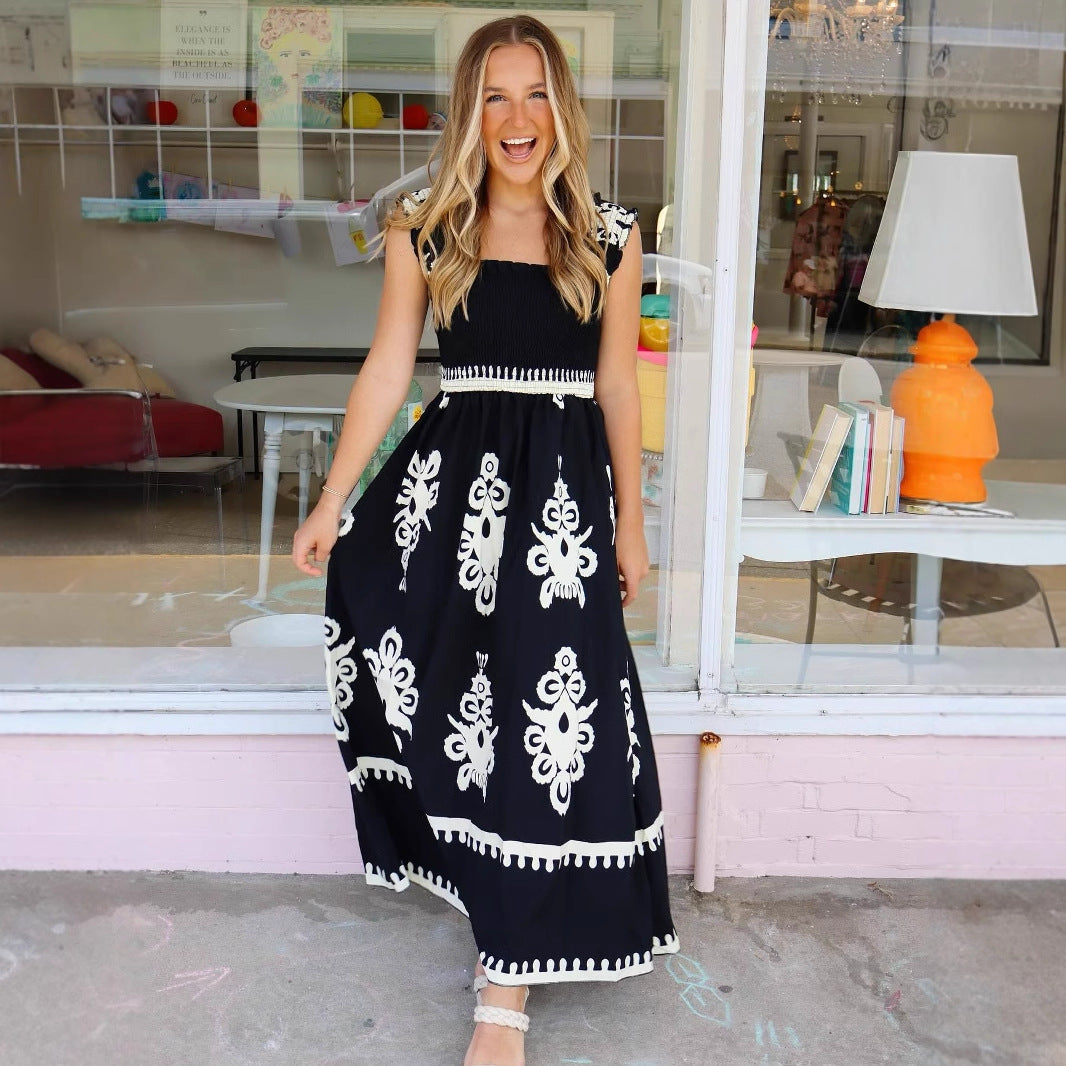 Women's Maxi Dress – Cotton – Loose Fit – Bohemian Pattern – Straps with Ruffles