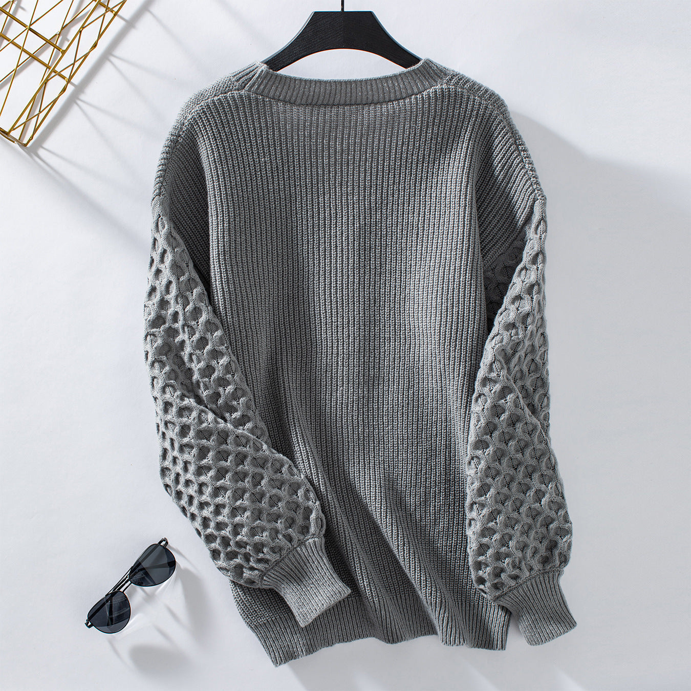 Women's Knitted Cardigan - V-neck - Balloon Sleeves - Soft and Loose Fit - Buttons
