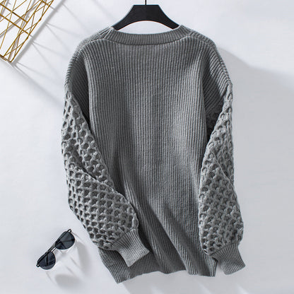 Women's Knitted Cardigan - V-neck - Balloon Sleeves - Soft and Loose Fit - Buttons