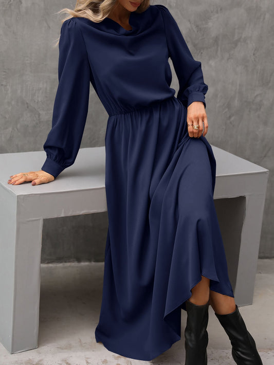 Dress for Women – Midi Length – Draped Fit – Cowl Neck – Long Sleeves – Elegant