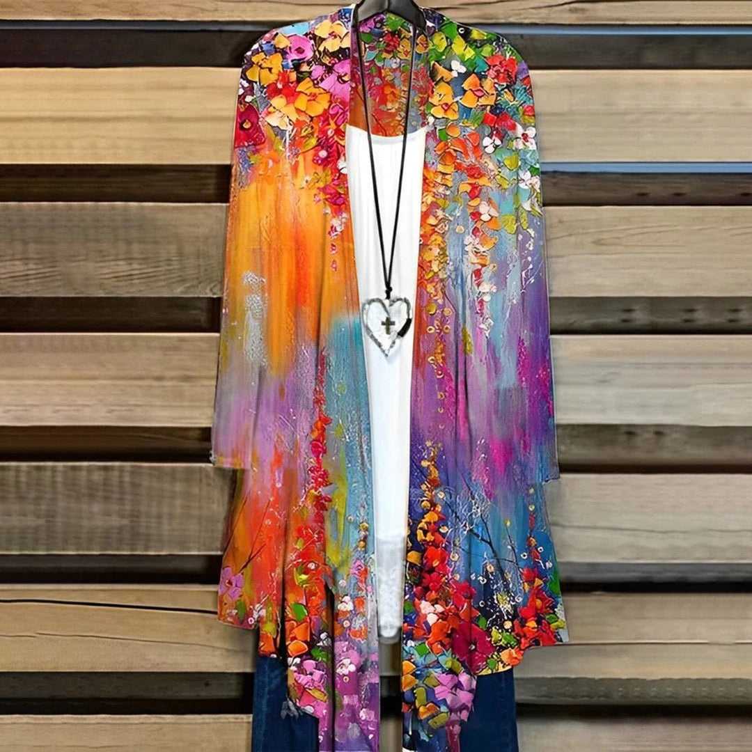 Dame Kimono-Cardigan – Åpen Front – Lett og Luftig – Blomstrete Mønster