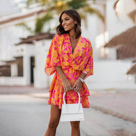 Women's Wrap Dress - Floral Pattern - Mini Length - Light and Airy - 3/4 Sleeves