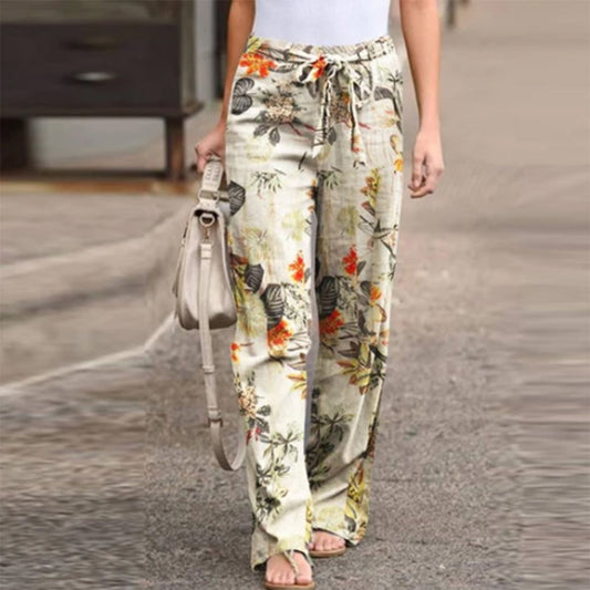 Women's Pants – Relaxed Fit – Drawstring Waist – Lightweight Cotton – Floral Print