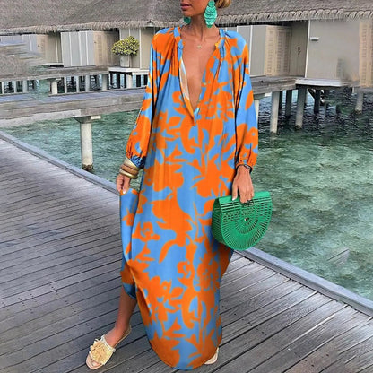 Women's Caftan – Loose Fit – Deep V-neck – Long Sleeves – Light and Elegant