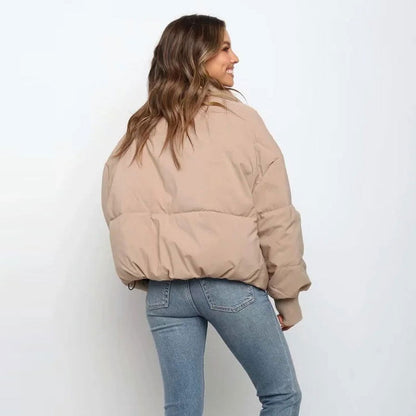 Women’s Puffer Jacket - Quilted Design - Stand Collar - Cropped Length