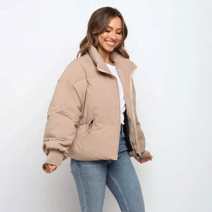 Women’s Puffer Jacket - Quilted Design - Stand Collar - Cropped Length