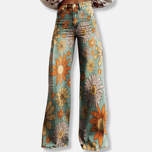 Pants women – wide legs – high waist – full floral pattern – breathable fabric