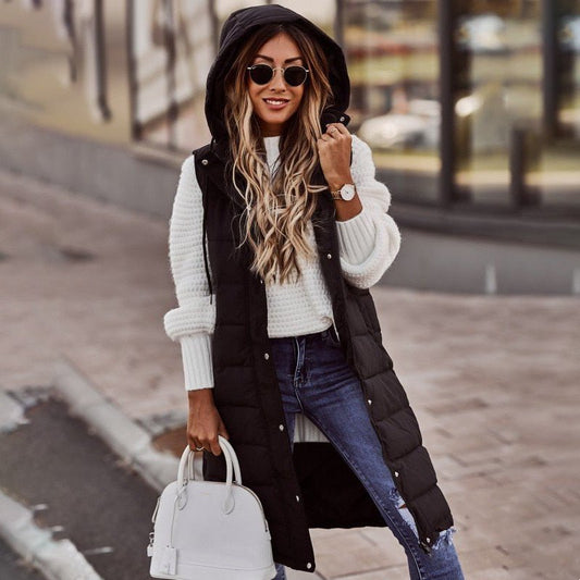 Women's Vest – Padded – Hooded – Knee-Length – Relaxed Fit – Button Closure