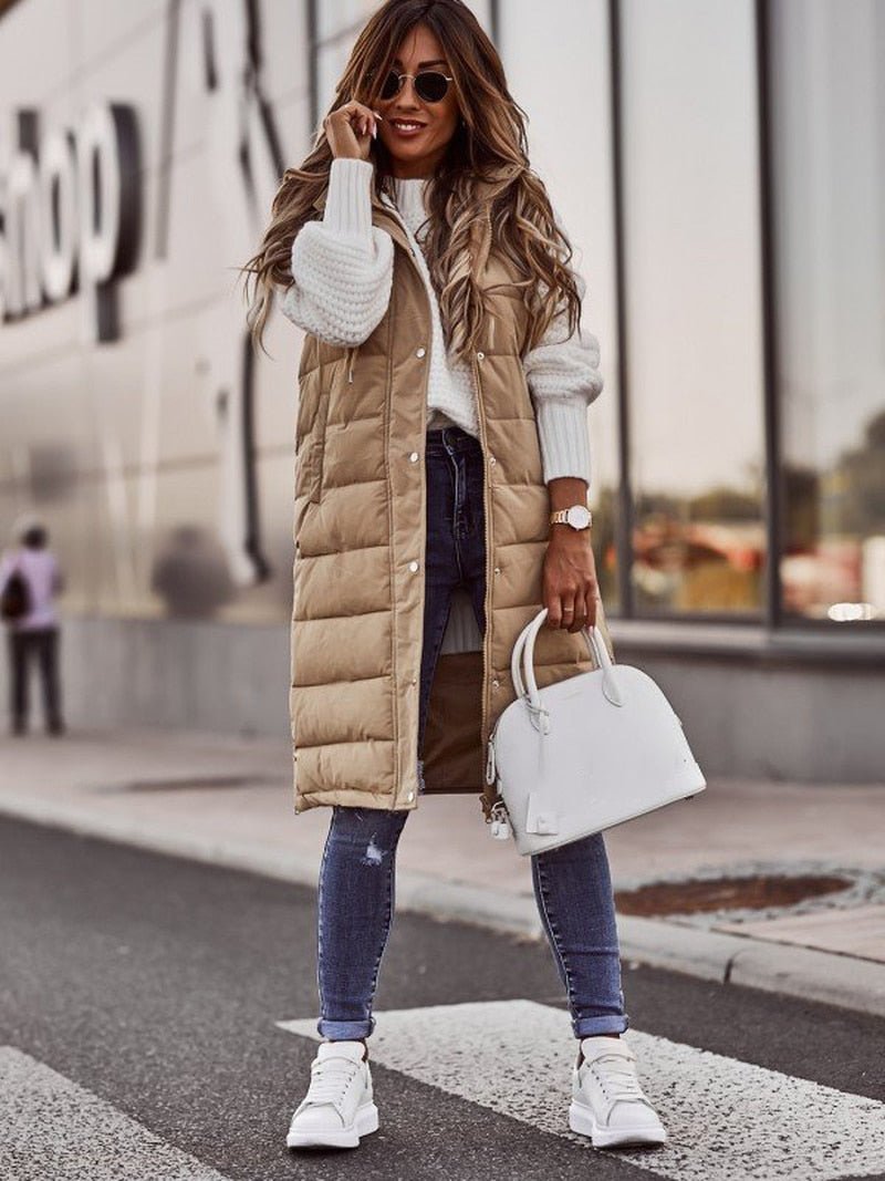 Women's Vest – Padded – Hooded – Knee-Length – Relaxed Fit – Button Closure