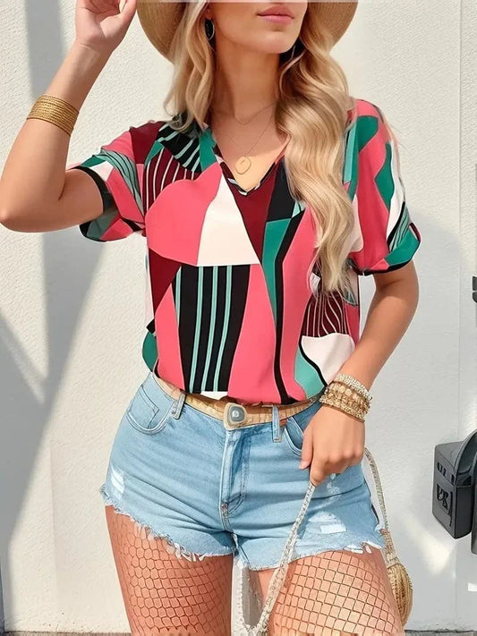 Women's Blouse - Loose Fit - Short Sleeves - V-Neck - Graphic Pattern - Breathable Fabric