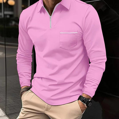 Men's Polo Shirt - Long Sleeve with Zipper Collar - Slim Fit - Chest Pocket