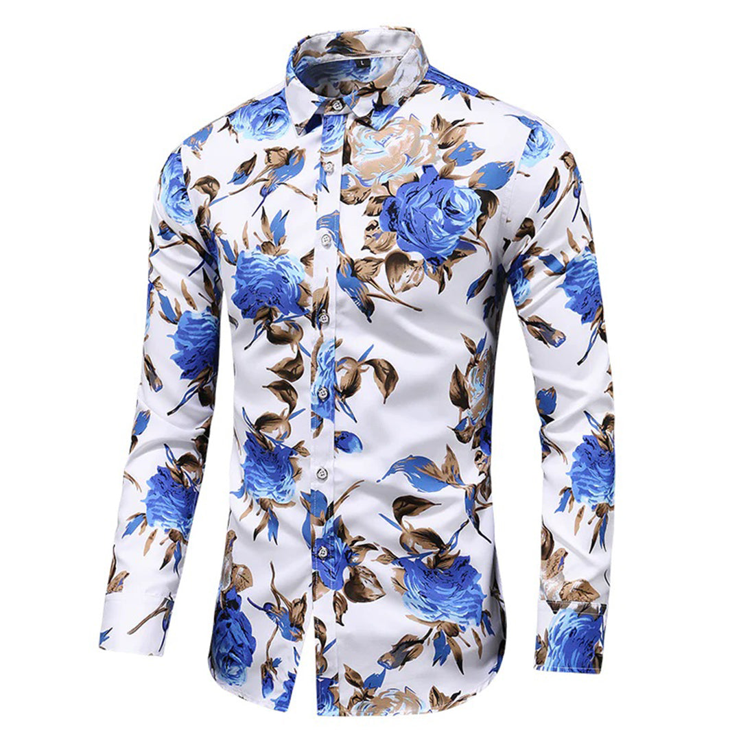 Herreskjorte - Blomstrete Design - Langermet - Klassisk Krage - Knappelukking