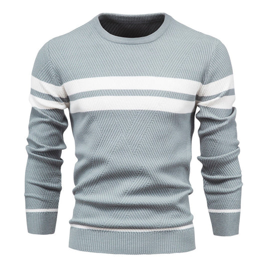 Men's Sweater – Slim Fit – Knitted Cotton – Ribbed Knit – Geometric Pattern – Round Neck