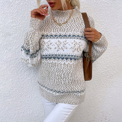 Women's Sweater – Relaxed Fit – Knitted Wool – Nordic Pattern – Ribbed Details