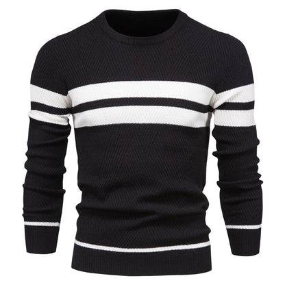 Men's Sweater – Slim Fit – Knitted Cotton – Ribbed Knit – Geometric Pattern – Round Neck